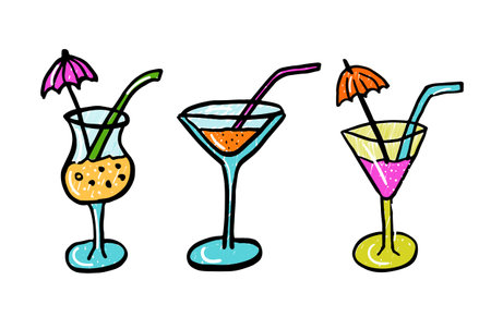 Set of cocktails doodle style. Hand drawn vector illustration. Line art cartoon character style isolated on white background.のイラスト素材