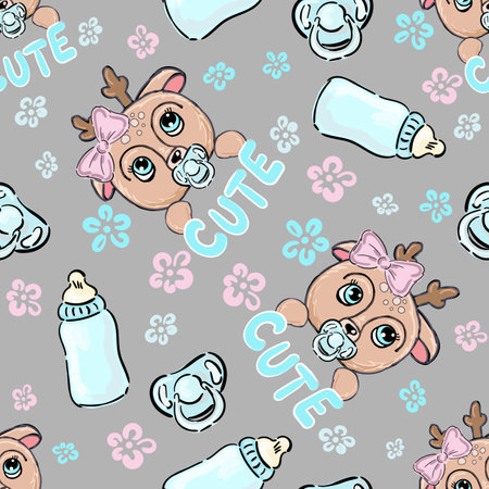 Seamless pattern cute deer with pink bow and milk bottle isolated on grey background. Print for textile or fabric design newborn and kids.のイラスト素材