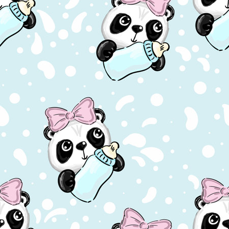 Seamless pattern cute panda with pink bow and milk bottle isolated on blue background. Print for textile or fabric design newborn and kids.のイラスト素材