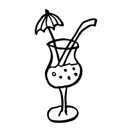 cocktail with straw and umbrella vector doodle sketch icon, line art style isolated isolated on white background.のイラスト素材