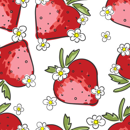Strawberry with flowers abstract hand drawn seamless pattern on white background for typography, textiles or packaging designのイラスト素材