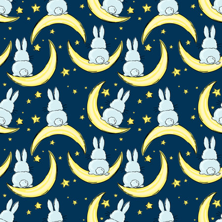 Good Night rabbit seamless pattern with cute sleeping moon, stars and bunny back. Sweet dreams dark background. Vector illustrationのイラスト素材