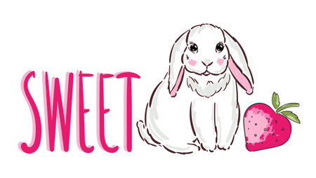 Sweet slogan with cute white bunny and red strawberry print vector illustrationのイラスト素材