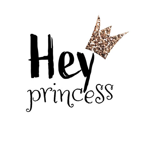 Hey Princess with crown lettering for print, t-shirt design and girls clothes. Princess apparel print. Princess logo, tag, label, inscription. Vector illustrationのイラスト素材