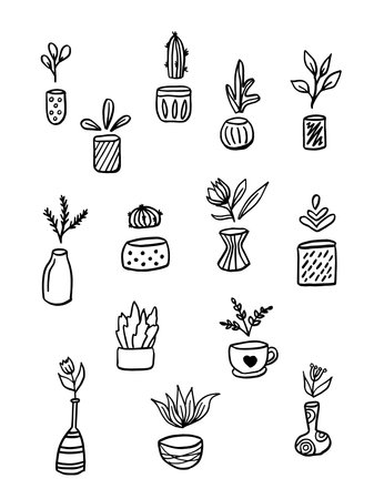 Set of Flowers in pots painted black line on a white background. Vector drawing linesのイラスト素材