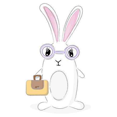 Hand drawn cute bunny with glasses and briefcase, rabbit vector illustration kids print design isolated on whiteのイラスト素材