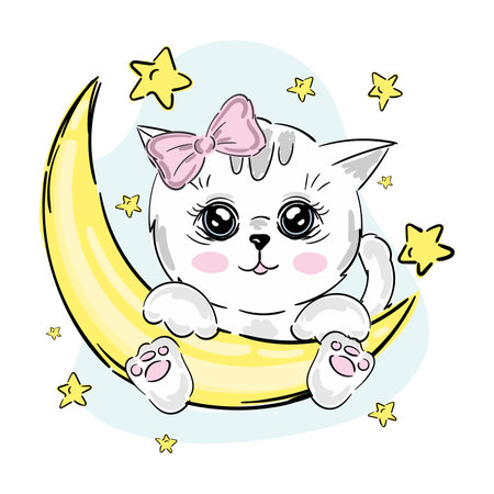 Cute cat girl vector illustration. Kitten sitting on the moon, stars. Childrens print and poster.のイラスト素材