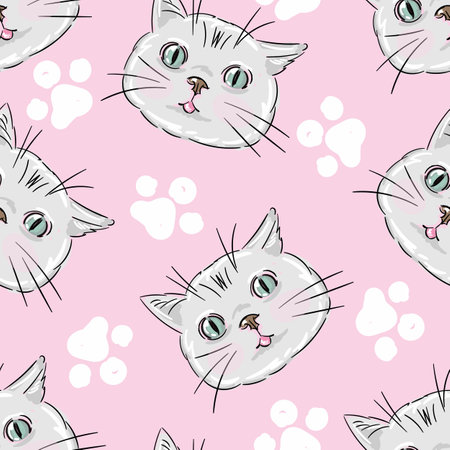 Grey kitten and paws on pink background, cute cat vector illustration seamless pattern, children print design,のイラスト素材