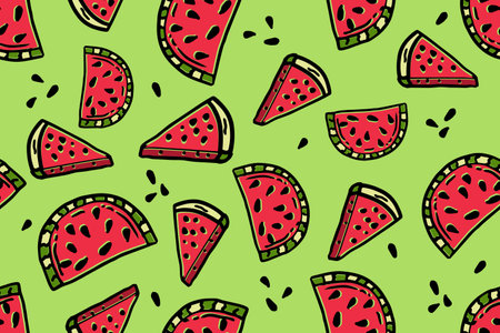 Seamless pattern cartoon Illustration of red watermelon slices on green . Concept of healthy lifestyle and ripe fruits printのイラスト素材