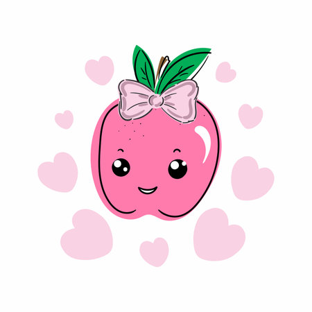 Cute funny Apple pink girl print with hearts for t shirts design. Vector hand drawn cartoon kawaii character illustration icon. Isolated on white background. Apple character conceptのイラスト素材