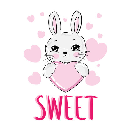 Hand Drawn Cute Bunny with text Sweet and pink hearts, Rabbit vector illustration.のイラスト素材
