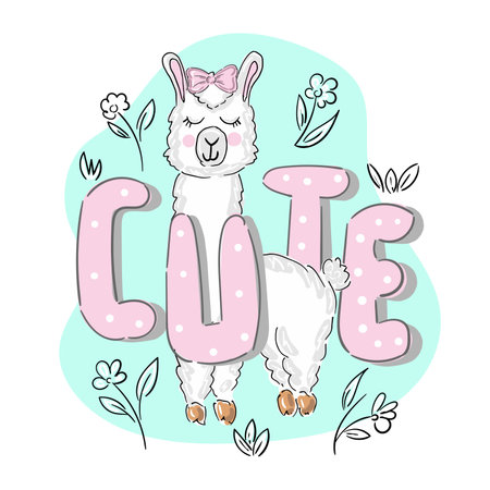 Llama, pink print girl with lettering Cute. Lama vector illustration. Cute funny trendy design for children, kids, smile, magic animal. Birthday card, sticker, fabric textileのイラスト素材
