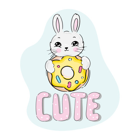 Cute cartoon Rabbit girl sitting with yellow donut on blue, vectorのイラスト素材