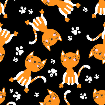 Cute seamless pattern with cats. red hand drawn kitty . Pattern for t-shirt, textile, fabric, web, poster, card and other design.のイラスト素材