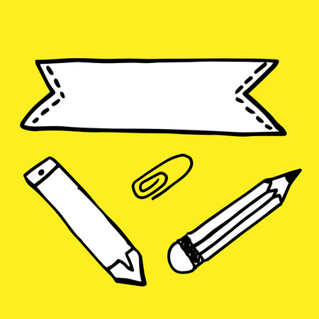 doodle ribbon label and pencil. Isolated on yellow vectorのイラスト素材