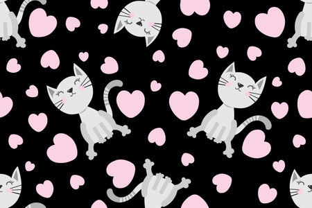 Cute seamless pattern with cats, gray hand drawn kitty and pink hearts. Pattern for t-shirt, textile, fabric, web, poster, card and other design.のイラスト素材