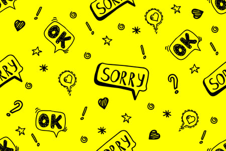 Vector seamless pattern with Sorry Ok lettering. Text background. Handwritten words, cute texture or wrapping paper. Girlish print for clothes, textiles or bedding. Black on yellowのイラスト素材