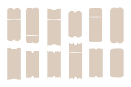 Set of Empty Tickets. Template Tickets. Concert movie theater and boarding blank tickets, lottery coupons with ruffle edges vectorのイラスト素材