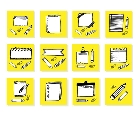 Collection of various note papers on yellow. Hand drawn doodle notepaper for messages set. Vector illustrationのイラスト素材