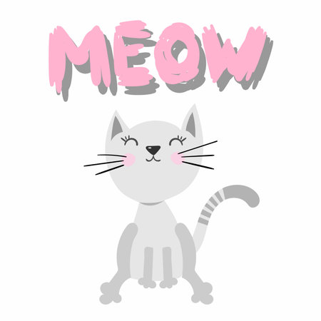 Funny Cat kitten grey with lettering inscription Meowのイラスト素材