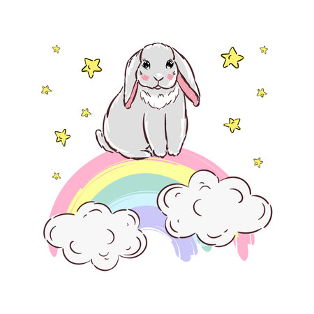Cute little bunny on rainbow. Print for t-shirt vector designのイラスト素材