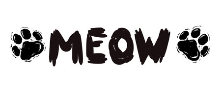 Meow Hand drawn kitten lettering. Quote and paw isolated on white background. Funny animals phrase for girls, print, home decor, posters. Fun brush inscription about pets.のイラスト素材