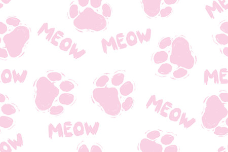 Cats paw seamless pattern, MEOW quote. White and pink cats and kittens footprint. Cute hand drawn kitten faces. Vector illustration.のイラスト素材