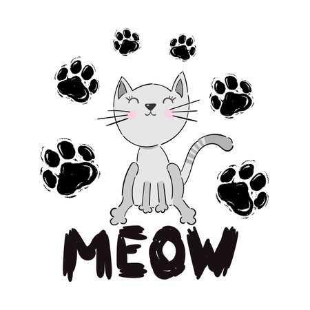 Grey cat is saying Meow. Cute vector hand drawn illustration with handwritten phrase isolated on a white background.のイラスト素材