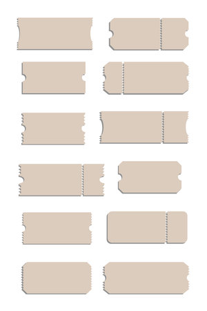 Blank coupons or empty ticket template set. Cinema, theater, concert and boarding tickets. Discount and sales coupons. Vector illustrationのイラスト素材