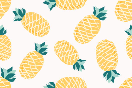 Cute pineapple ananas cartoon character vector doodle seamless pattern on beigeのイラスト素材