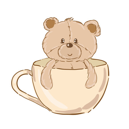 Cute cartoon Teddy bear doll sitting in a cup, child kids vector print illustration for t-shirtのイラスト素材