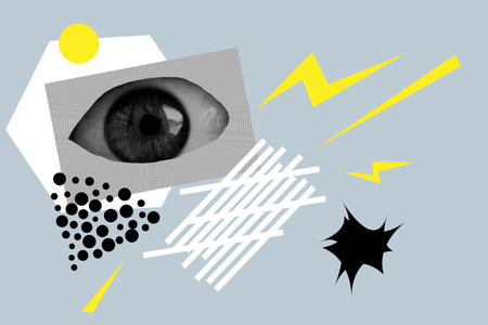 Simple art collage with eye and black dots and white stripes, geometric shapes on blue backgroundの写真素材