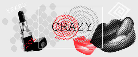 Art collage crazy poster with lips and abstract geometric shapes, makeup pop background vectorのイラスト素材