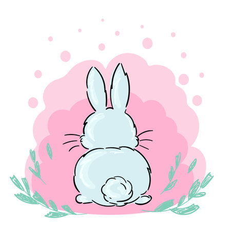 Adorable bunny rabbit back side on pink with leaves. Cartoon character. Spring, summer, Easter illustration.のイラスト素材