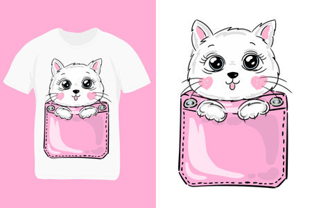 cute cat in pocket cartoon illustration. Print for children. textile design trend for t-shirt. Vector illustration.のイラスト素材