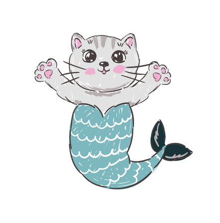 Cute mermaid cat. Cartoon illustration of a little kitten with mermaid tail isolated on a white background.のイラスト素材