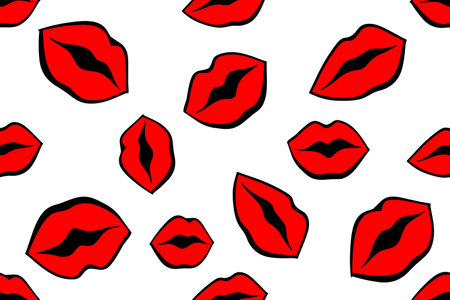 Vector red lips seamless pattern. Female hand drawn mouth icon. Wallpaper, graphic background, fabric, textile, print, wrapping paper or package design.のイラスト素材