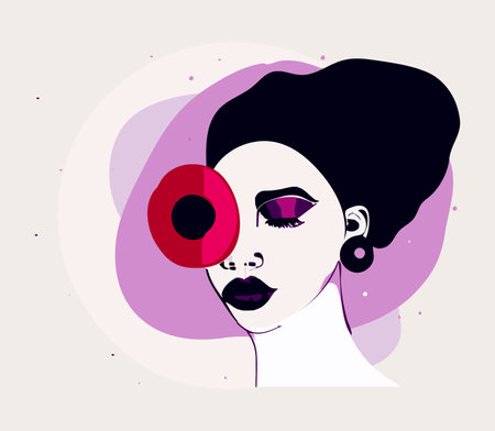 Fashion illustration of woman, art female face. Modern hand drawn vector illustrations. Flat design. Social media backgrounds. Advertising poster or party invitation with sexy music symbol girlのイラスト素材