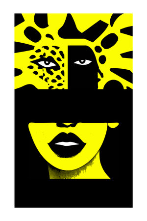 Beautiful female portrait. Fashion illustration. Black girl, dark skin. woman in vogue style. Leopard print. African appearance. Yellow backgroundのイラスト素材