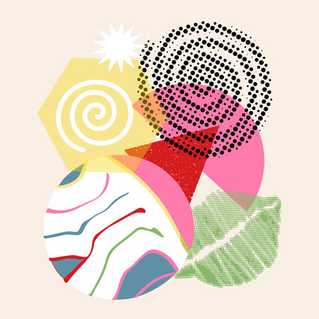 Trendy creative collage with different textures and shapes. Modern graphic design. Unusual artwork. Vector. Isolatedのイラスト素材