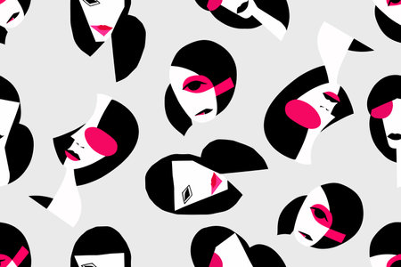 Fashion girl seamless pattern. Model Women head geometric background. Hand drawn vector illustration. Glamour texture. Female portraits texture in modern abstract styleのイラスト素材