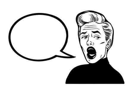 Young surprised pop art man with open mouth screaming announcement. Vector background in comic retro pop art style. Party invitation.のイラスト素材