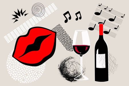 Art collage party concept with wine and red lips, music piano notes. Fashion modern posterのイラスト素材