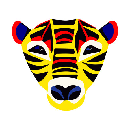 Tiger head face in cartoon style, Africa totem mask, vector isolated on white. Artistic contemporary print. Natural colors. Fashionable template for design.のイラスト素材
