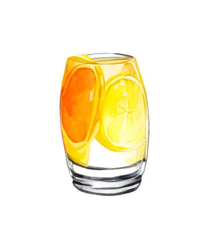 Vector orange citrus summer cocktail with lemon in glass painted in watercolor style on a white background.のイラスト素材