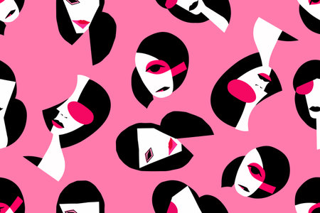 Abstract seamless pattern of surreal women portraits in the cubism style. Vector repeated designのイラスト素材