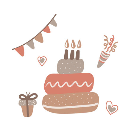 Birthday cake. Party celebration cupcake with candles and invitation, colorful and chocolate flat cakes. Vector setのイラスト素材