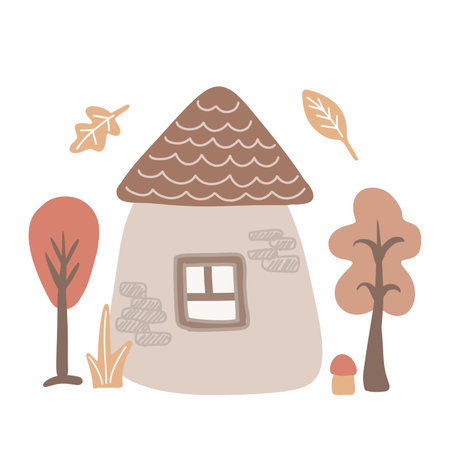 Cute little country house with door and window. Exterior of home. Village cottage among trees. Colored flat vector illustration isolated on white backgroundのイラスト素材