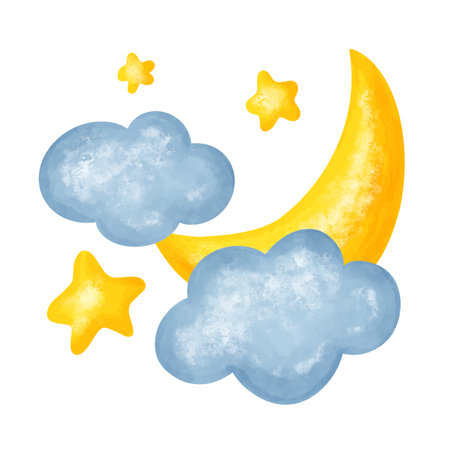 Crescent with cute cloud and stars. Hand drawn yellow half moon for childish design. Illustration of celestial globe for kidsのイラスト素材