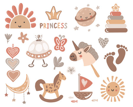 Cute kids boho characters set, decorative hand drawn elements toys, pyramid. Cartoon illustration for baby shower, nursery room decor, children design. Vector.のイラスト素材